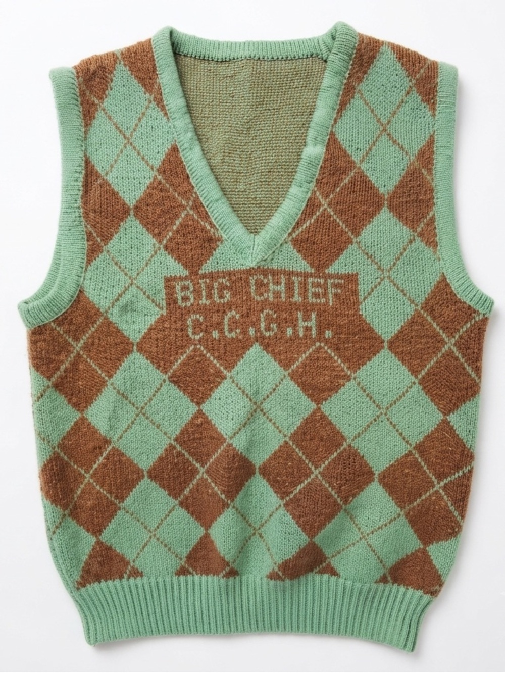 Vintage Handknit Argyle Vest Green Brown LARGE